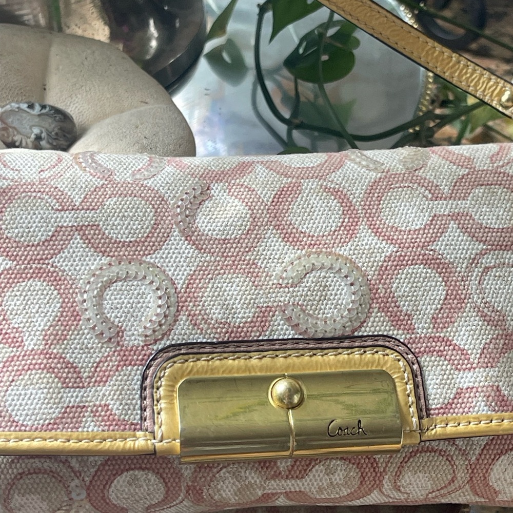 COACH Kristin Sequin Hobo Shoulder Bag. Pink and white canvas. Preloved